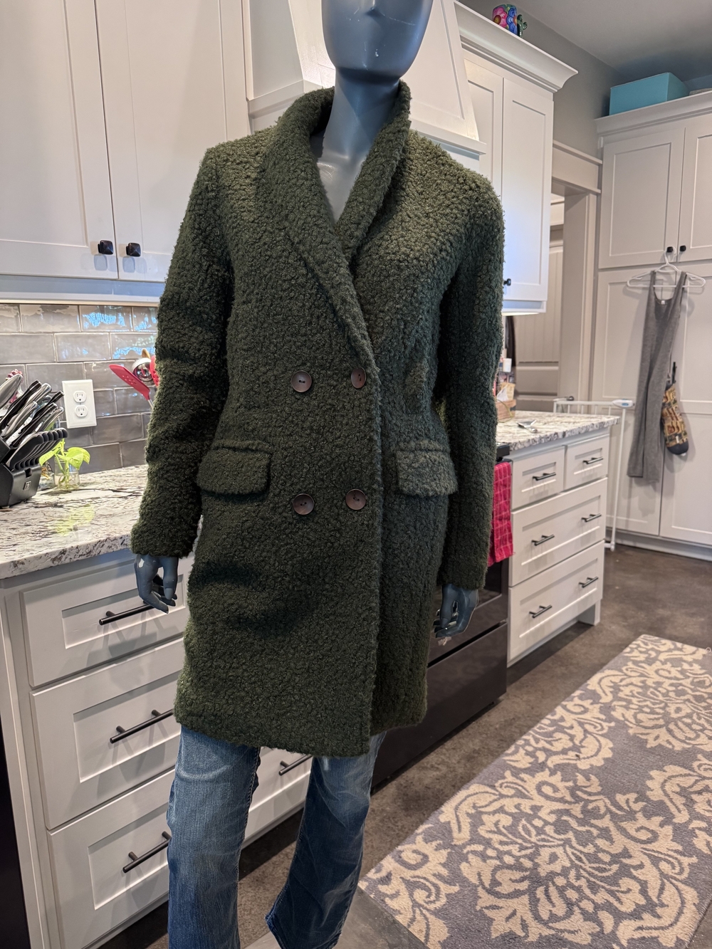 Gianni Bini Olive Green Double-Breasted Teddy Pea Coat